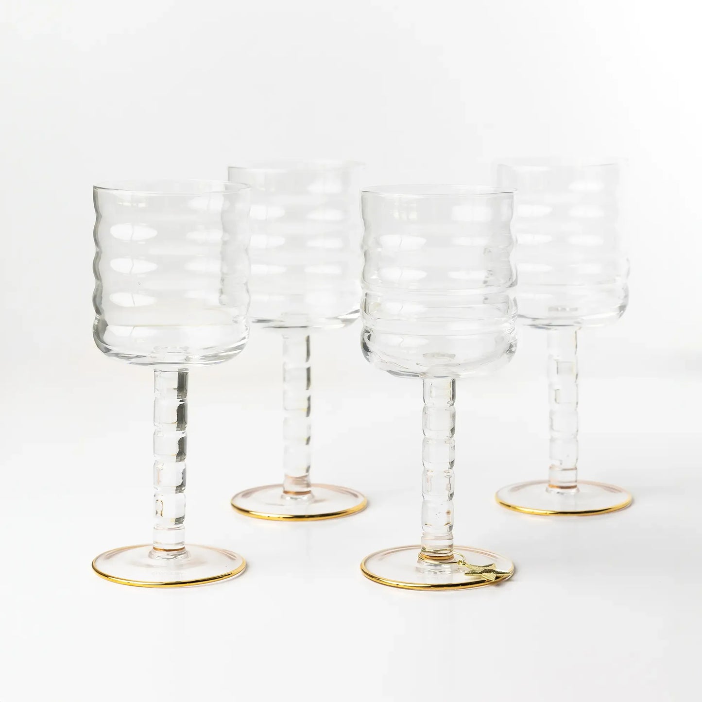 OPALN Fluted Wine Glass Set - Ribbed Crystal Stemware with Gold Rim Foot, Set of 4
