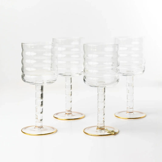 OPALN Fluted Wine Glass Set - Ribbed Crystal Stemware with Gold Rim Foot, Set of 4