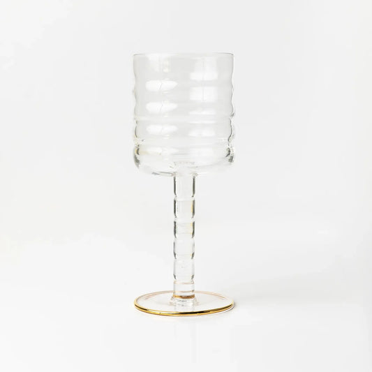 OPALN Fluted Wine Glass Set - Ribbed Crystal Stemware with Gold Rim Foot, Set of 4